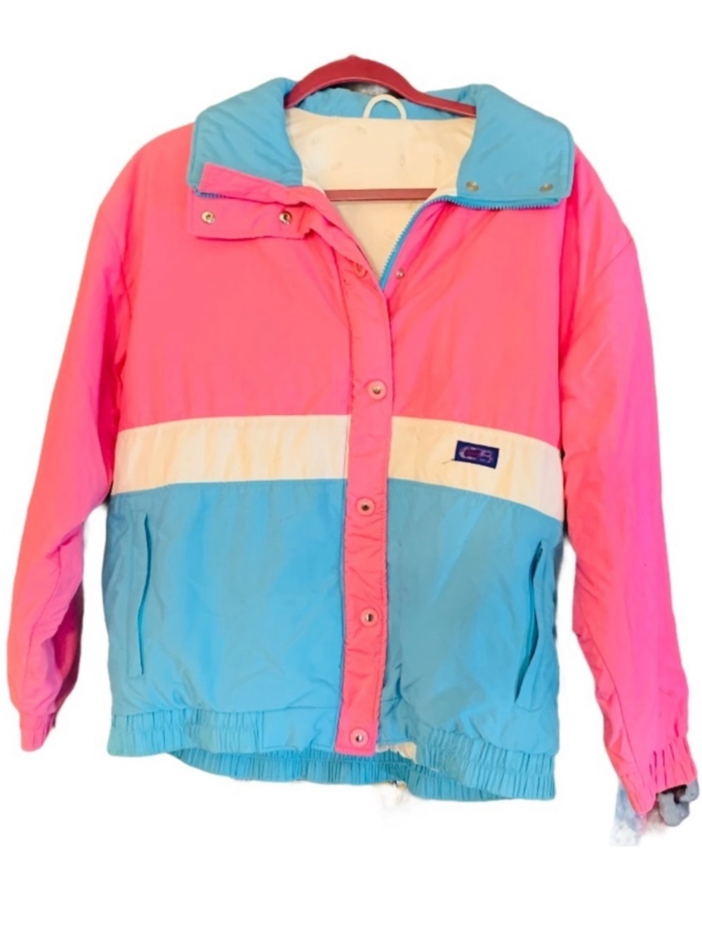 Vintage Pink & Blue Colorblock Ski Jacket with White Stripe